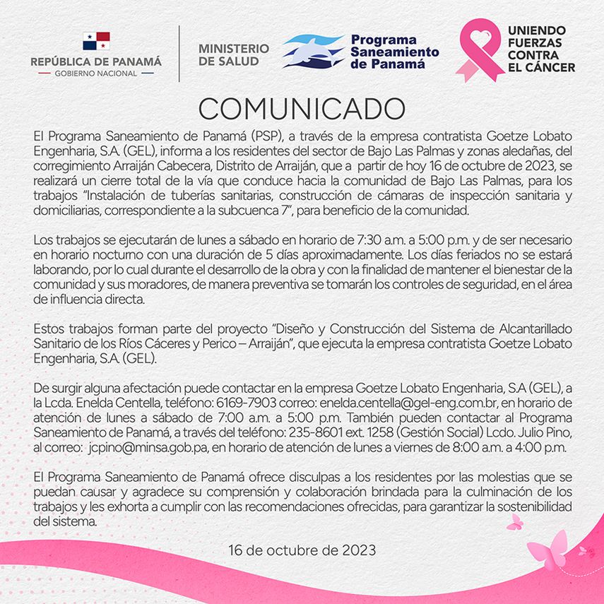 Estos trabajos forman parte del proyecto "Diseño y Construcción del Sistema de Alcantarillado Sanitario de los Ríos Cáceres y Perico – Arraiján". Estos trabajos forman parte del proyecto "Diseño y Construcción del Sistema de Alcantarillado Sanitario de los Ríos Cáceres y Perico – Arraiján".